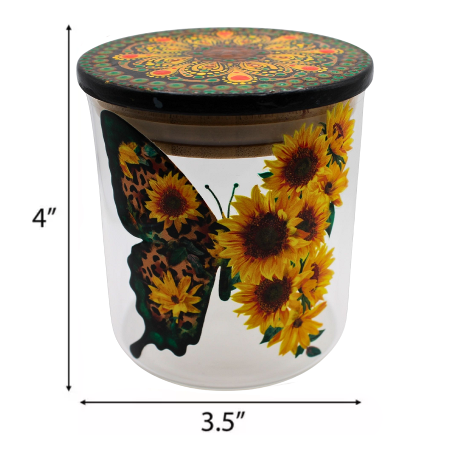 Sunflower Butterfly Mandala Glass Jar