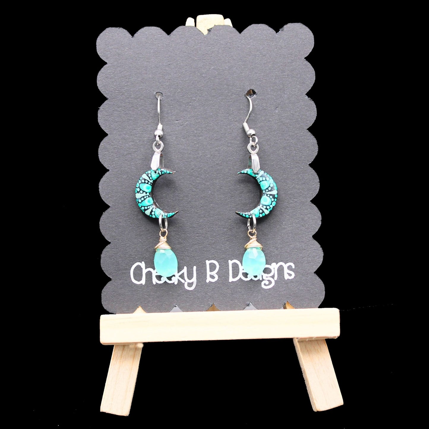 Teal Mandala Moon Dangle Earrings