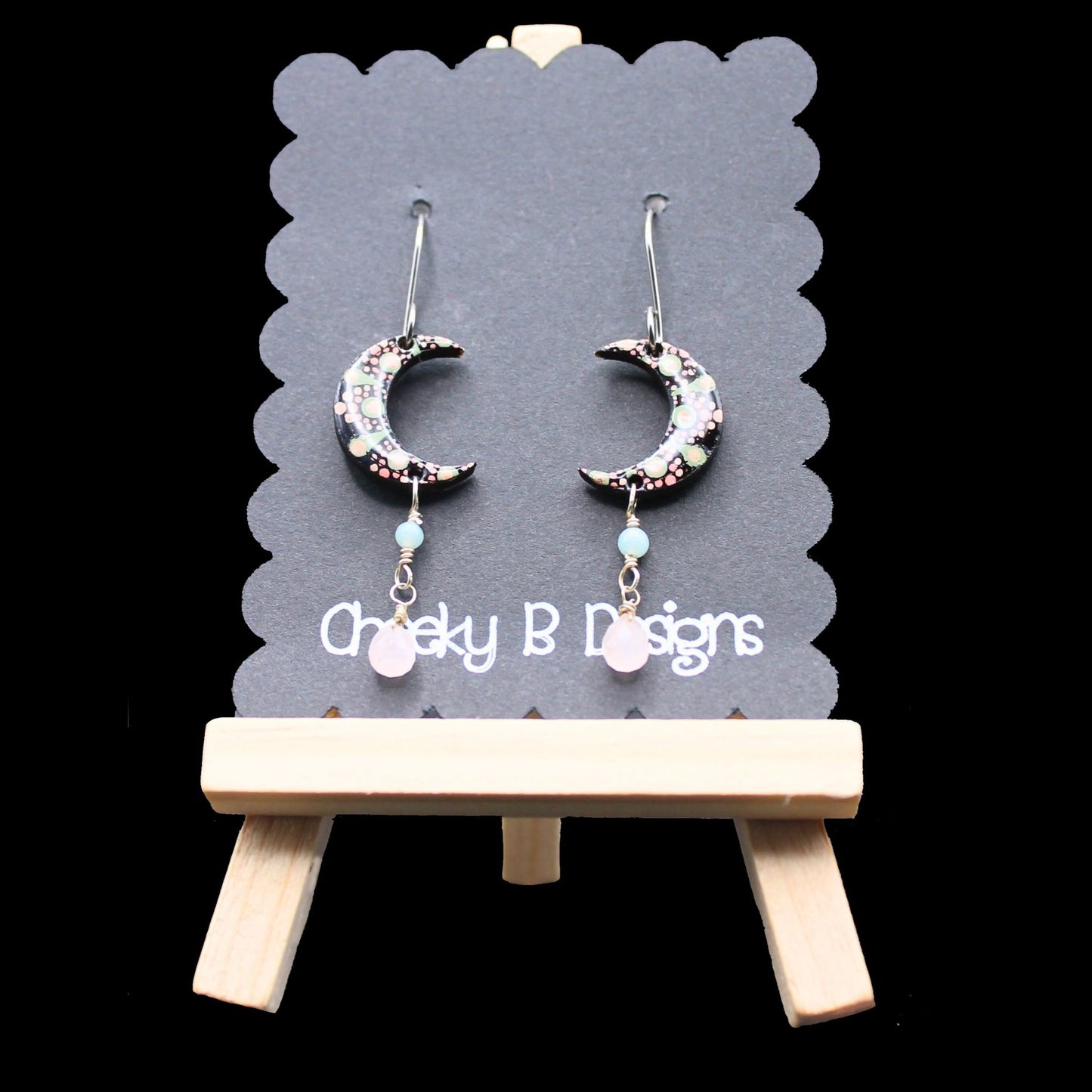 Green & Pink Mandala Moon Dangle Earrings