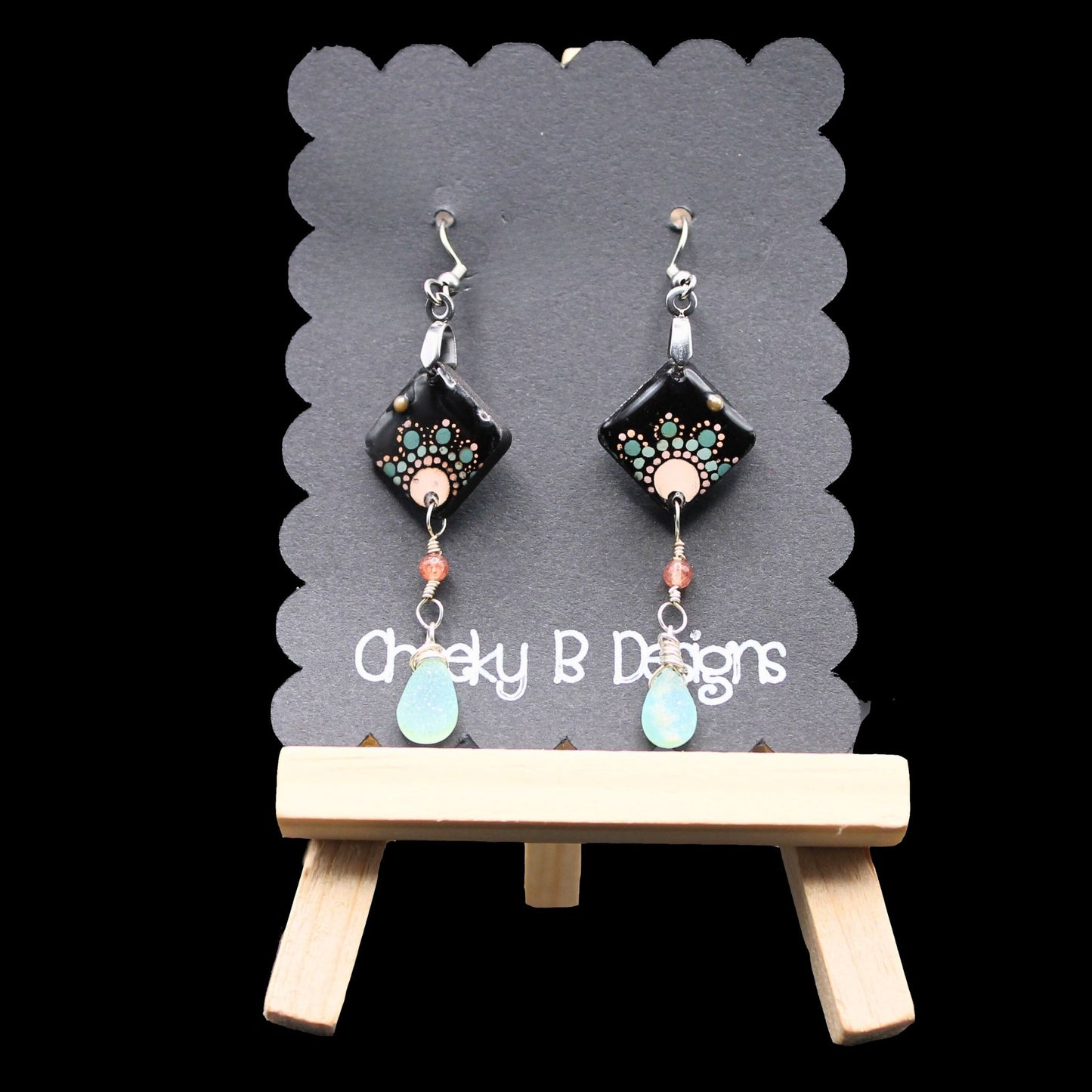 Green & Pink Abstract Flower Dangle Earrings