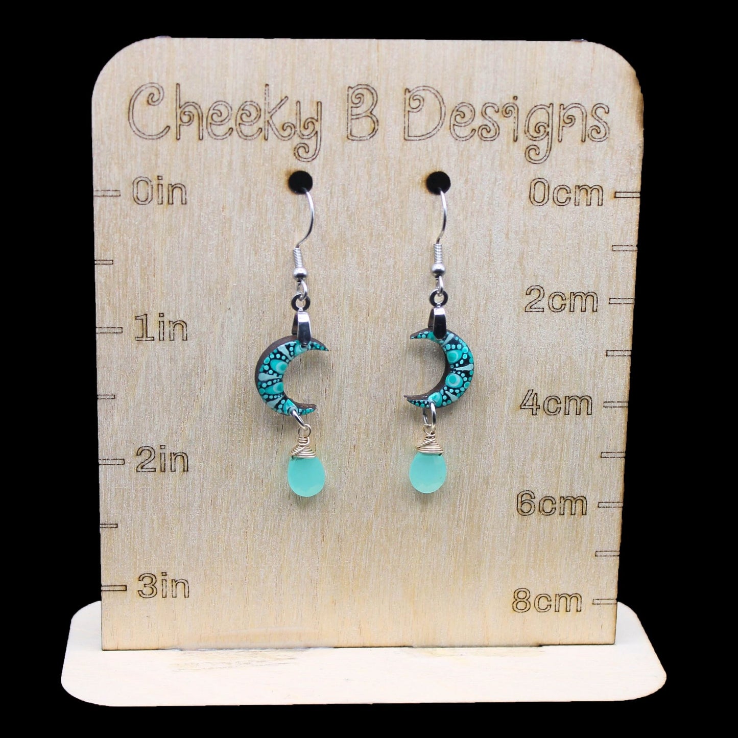 Teal Mandala Moon Dangle Earrings