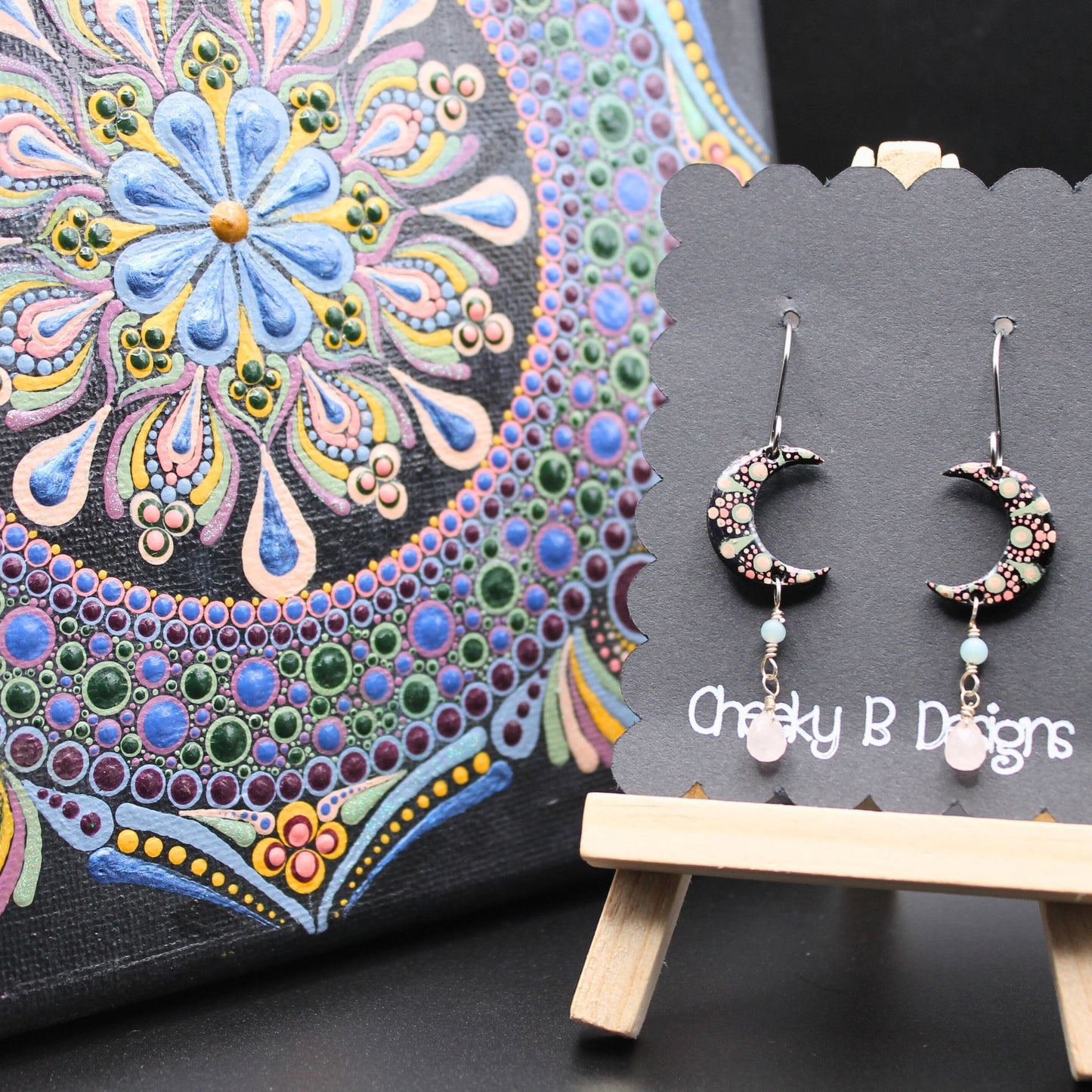 Green & Pink Mandala Moon Dangle Earrings
