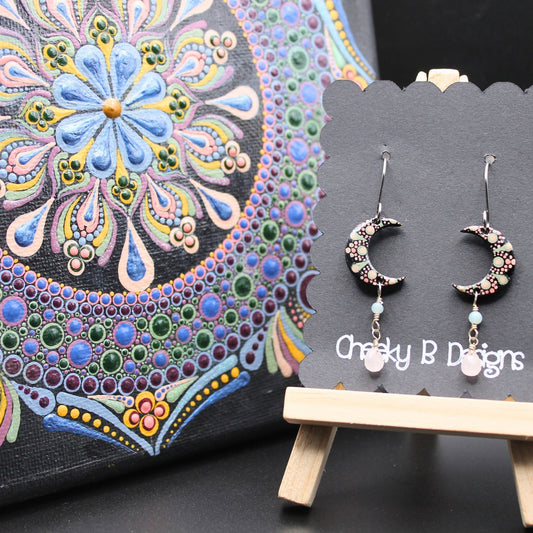 Green & Pink Mandala Moon Dangle Earrings