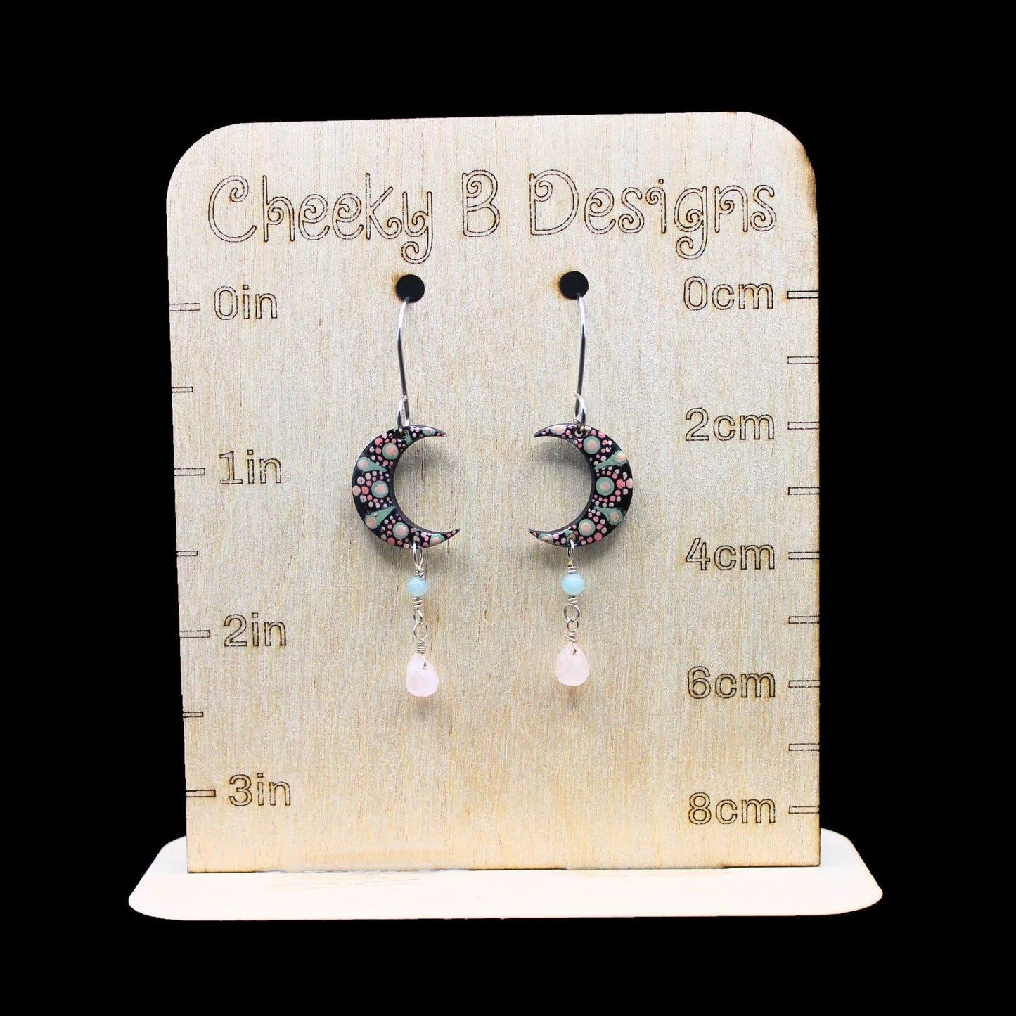 Green & Pink Mandala Moon Dangle Earrings
