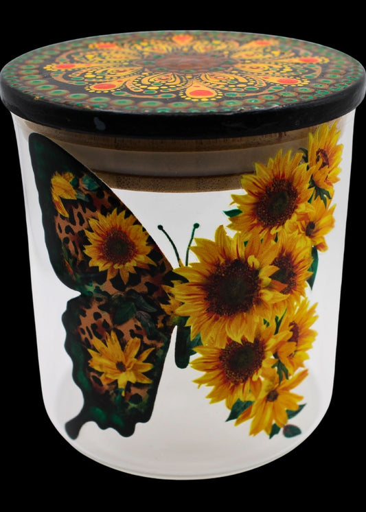 Sunflower Butterfly Mandala Glass Jar