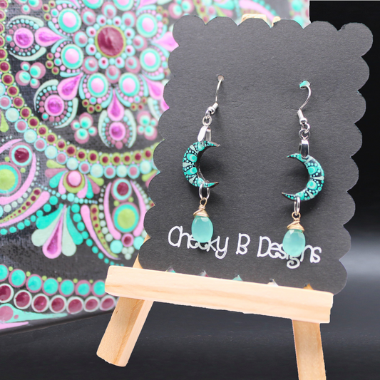 Teal Mandala Moon Dangle Earrings